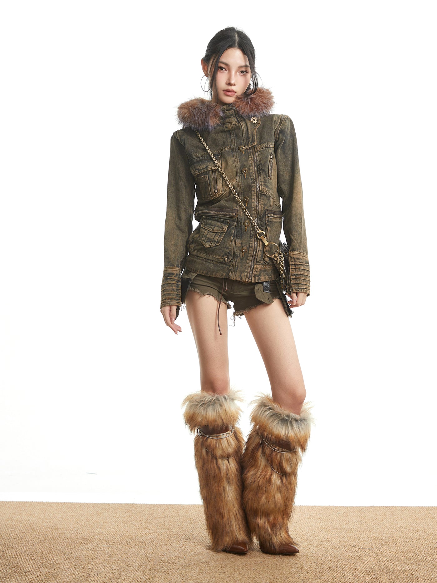 Retro Fur Collar Workwear Denim Jacket UNC0321