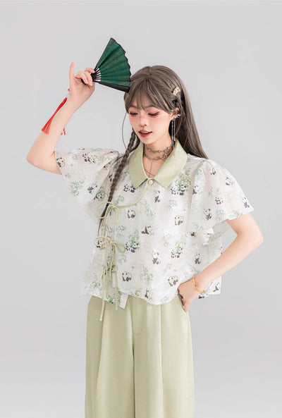 Panda Pattern White Chiffon Shirt/Light Green Pants KEI0049