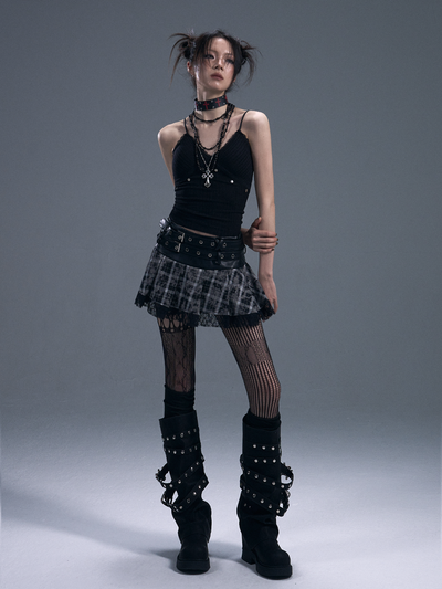 Punk Rock Plaid Double Belt Skirt FRU0091