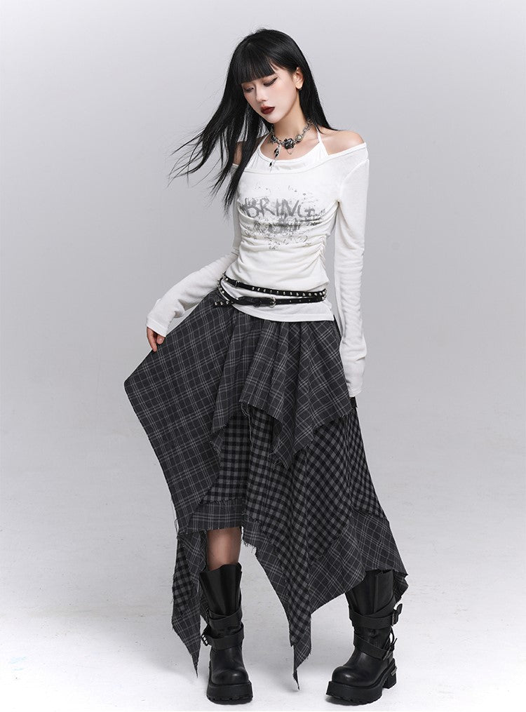 Irregular Hem Plaid Midi Skirt LAD0227