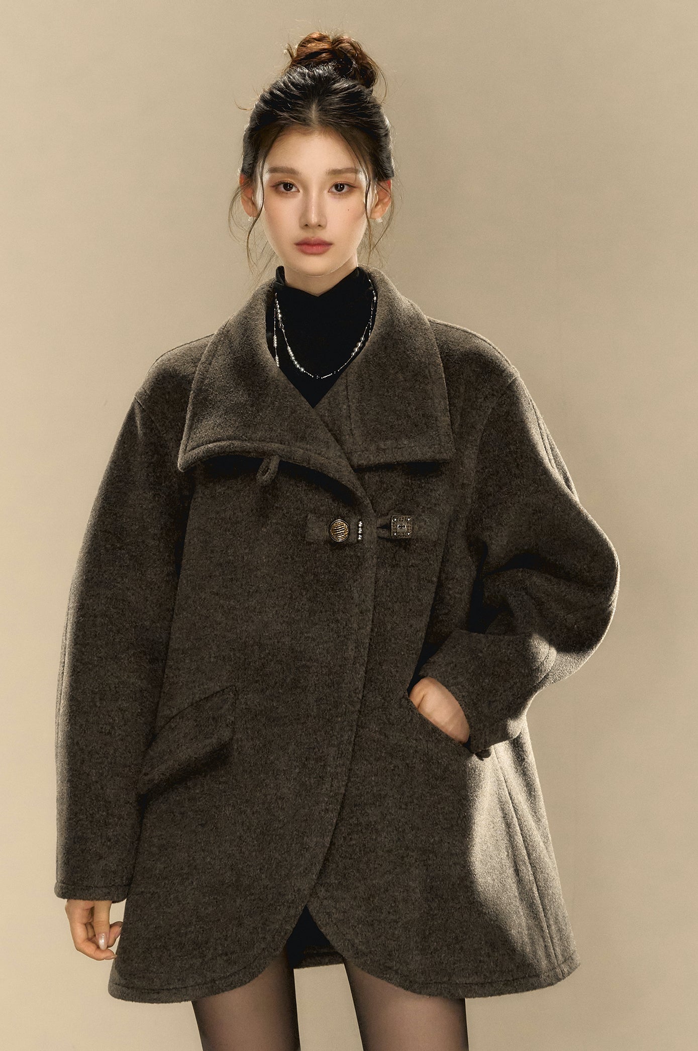 Rock Gray Tweed High Collar Tweed Coat OSH0100