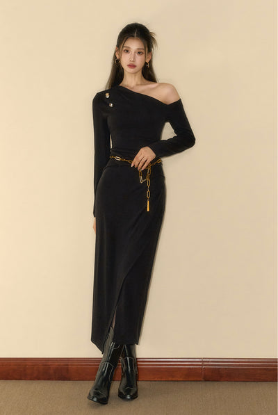 French Black Waist Slim Slanted Shoulder Design Knit Dress OSH0099