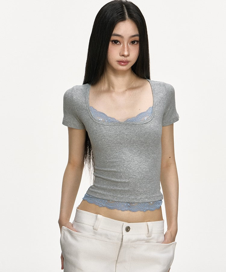 Lace Ribbed Fake Two-piece T-shirt ANA0005