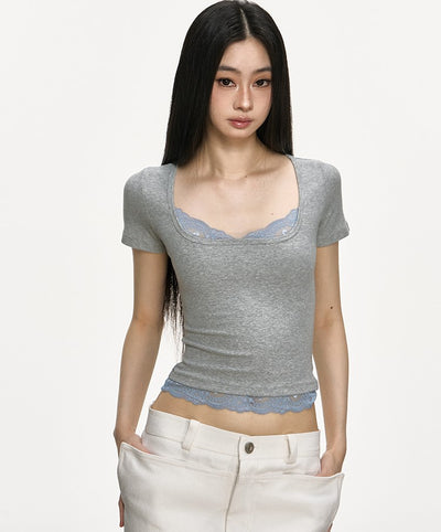 Lace Ribbed Fake Two-piece T-shirt ANA0005