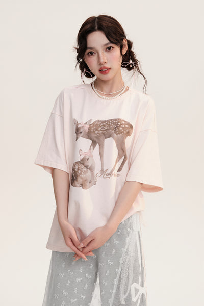 Deer Print Short Sleeve Animal T-shirt AOO0020
