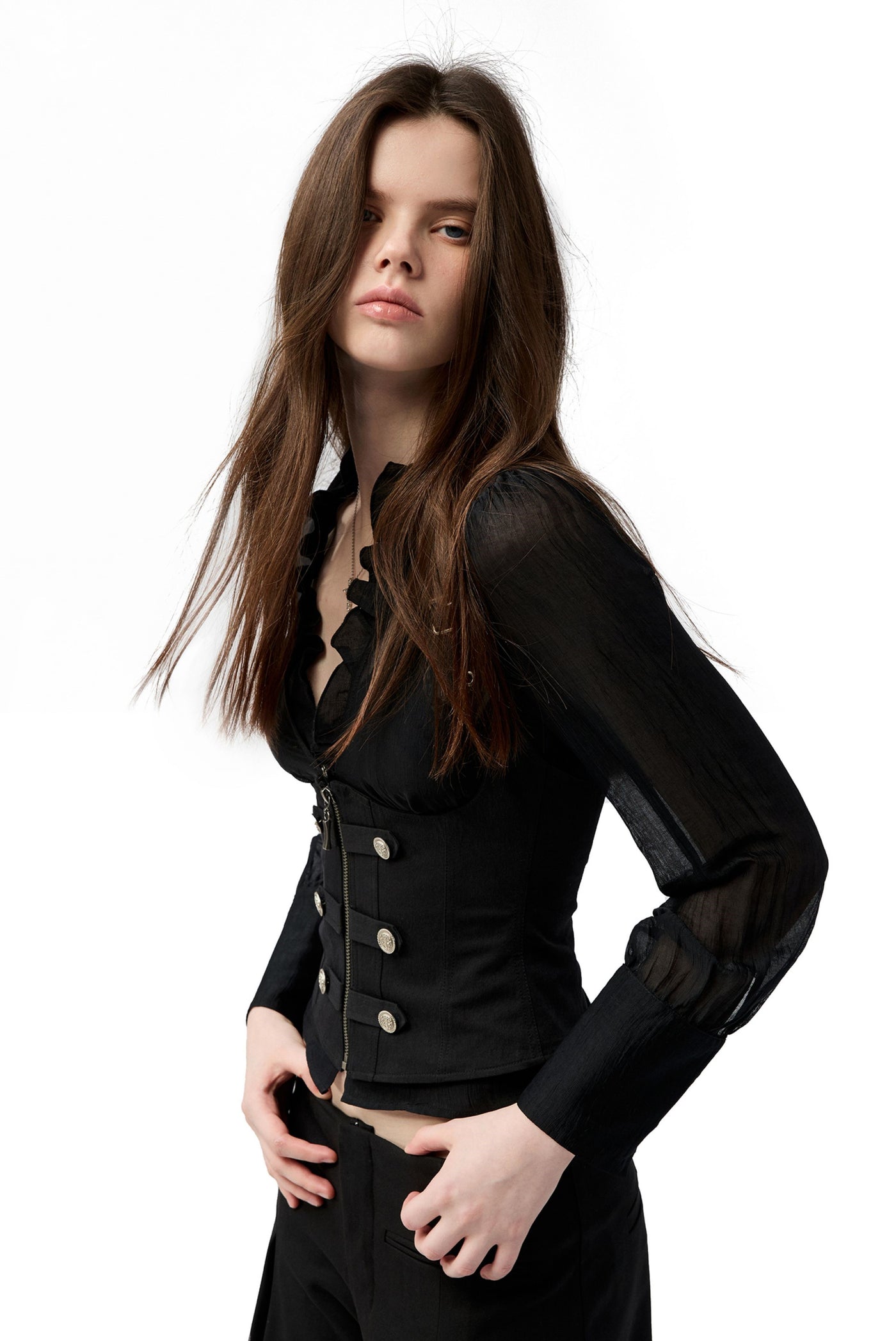 Ruffled V-neck Shirt/Lace-up Vest 4MU0150