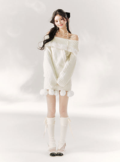 Off-shoulder Plush Fur Knitted Sweater BBB0102