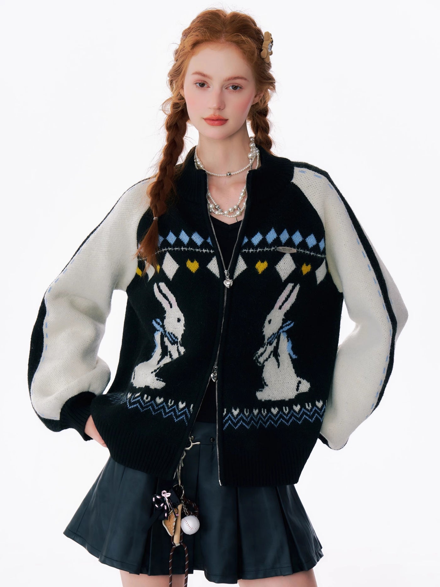 Retro Design Contrast Color Stitching Rabbit Sweater Zipper Cardigan ZIZ0187