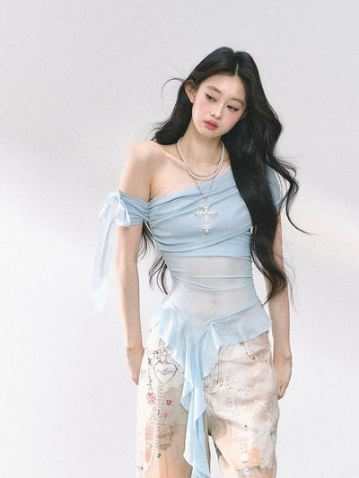 Oblique Shoulder Mesh T-shirt DIA0476