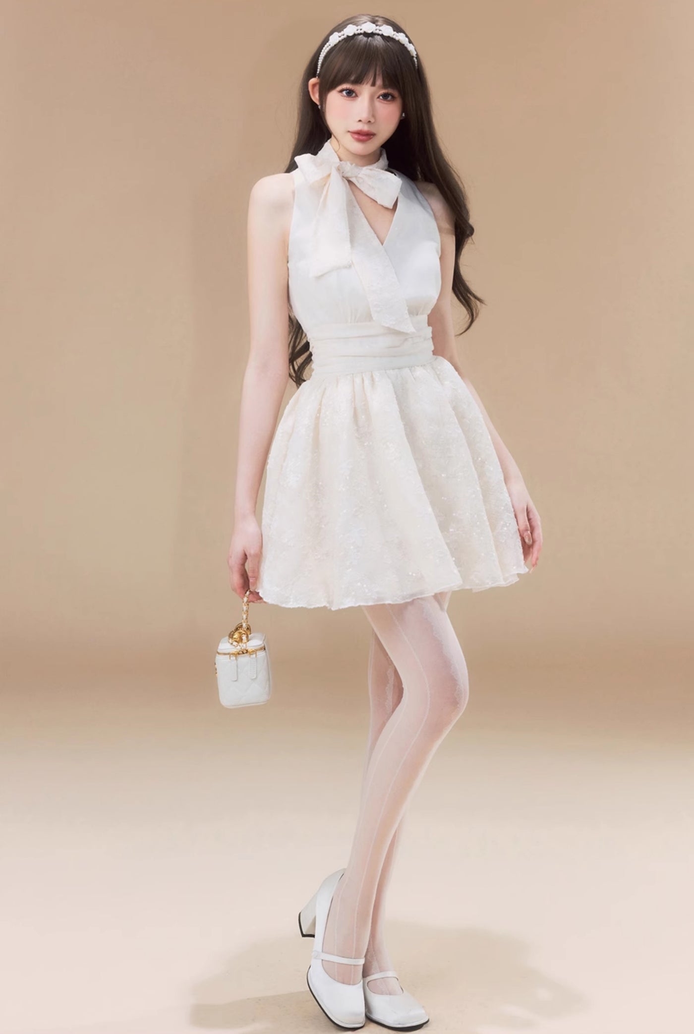 Waist Sequined Bow Puffy Dress SIS0017