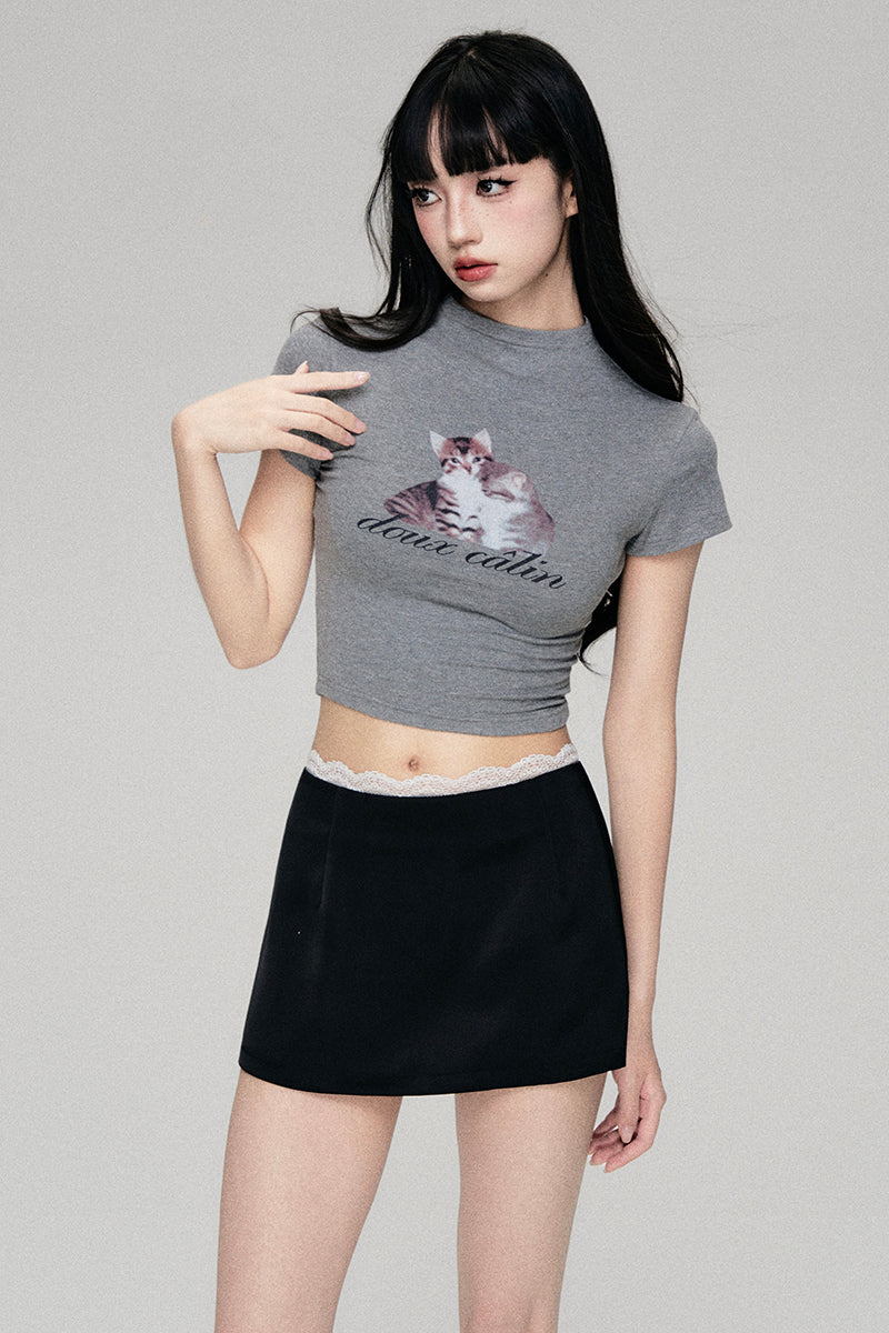 Funny Cat Printed Straight Shoulder Short Sleeve T-shirt LUL0065