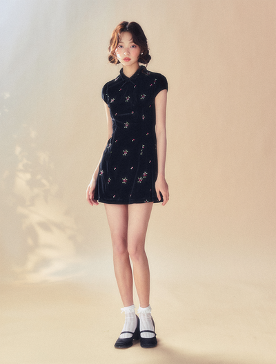 Black Embroidered Velvet Dress SUN0054