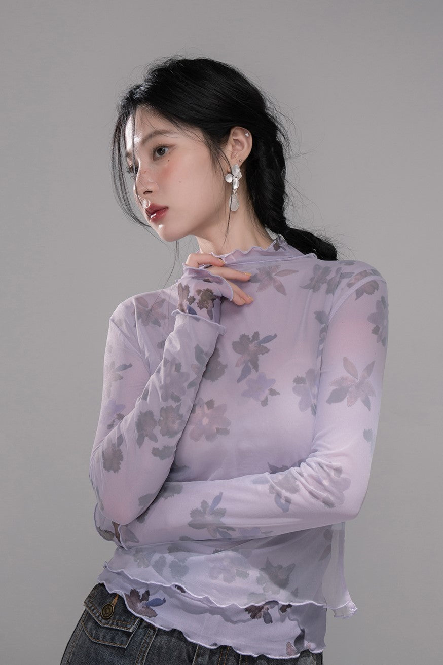 Layered Purple Flower Mesh Shirt COT0351