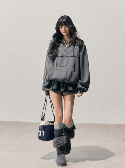 Faux Two-Piece Plaid Hooded Sweatshirt DIA0760