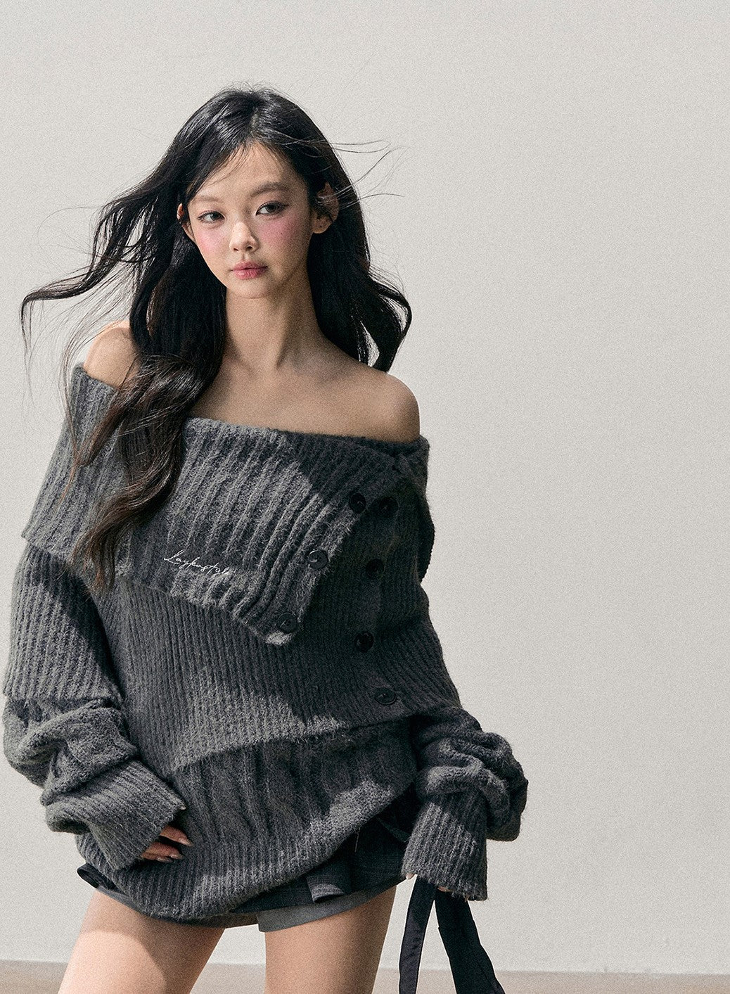 Gray Off-Shoulder Loose Sweater DIA0723