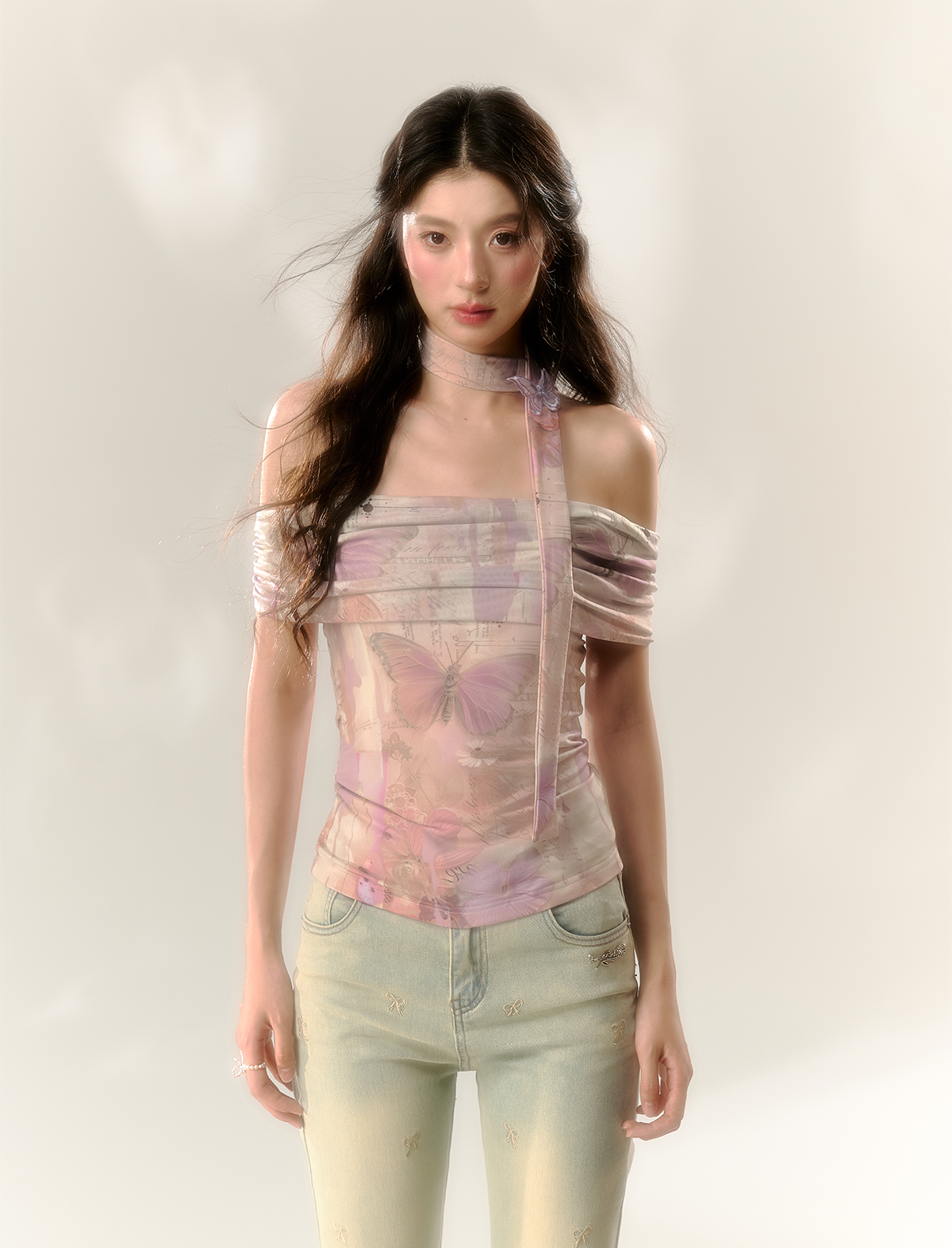 Butterfly Silence Mesh One Shoulder Top SUN0067