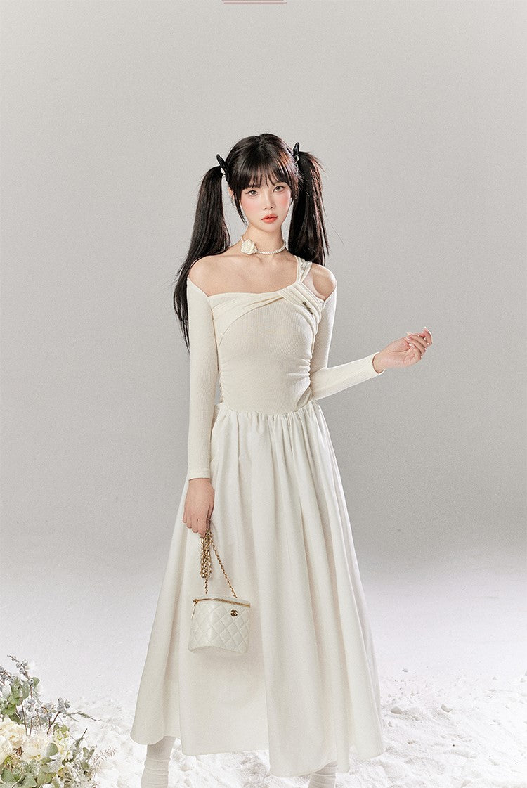 French White Hollow Design Knitted Long Dress TBI0048