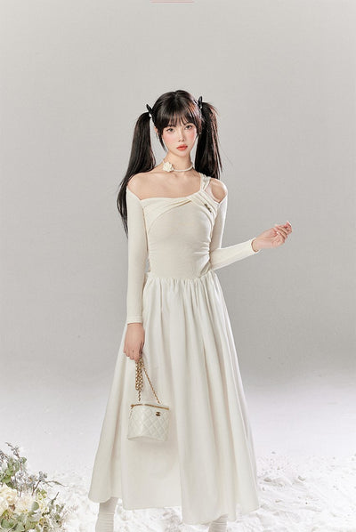 French White Hollow Design Knitted Long Dress TBI0048