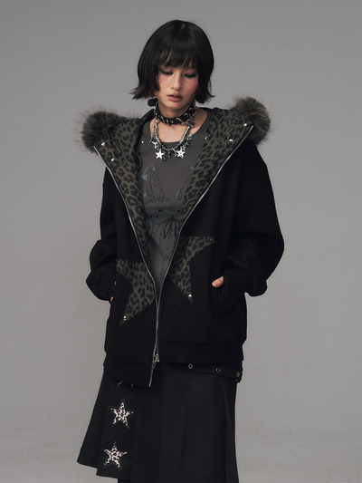 Cat Ear Leopard Print Fur Collar Hooded Jacket FRU0130