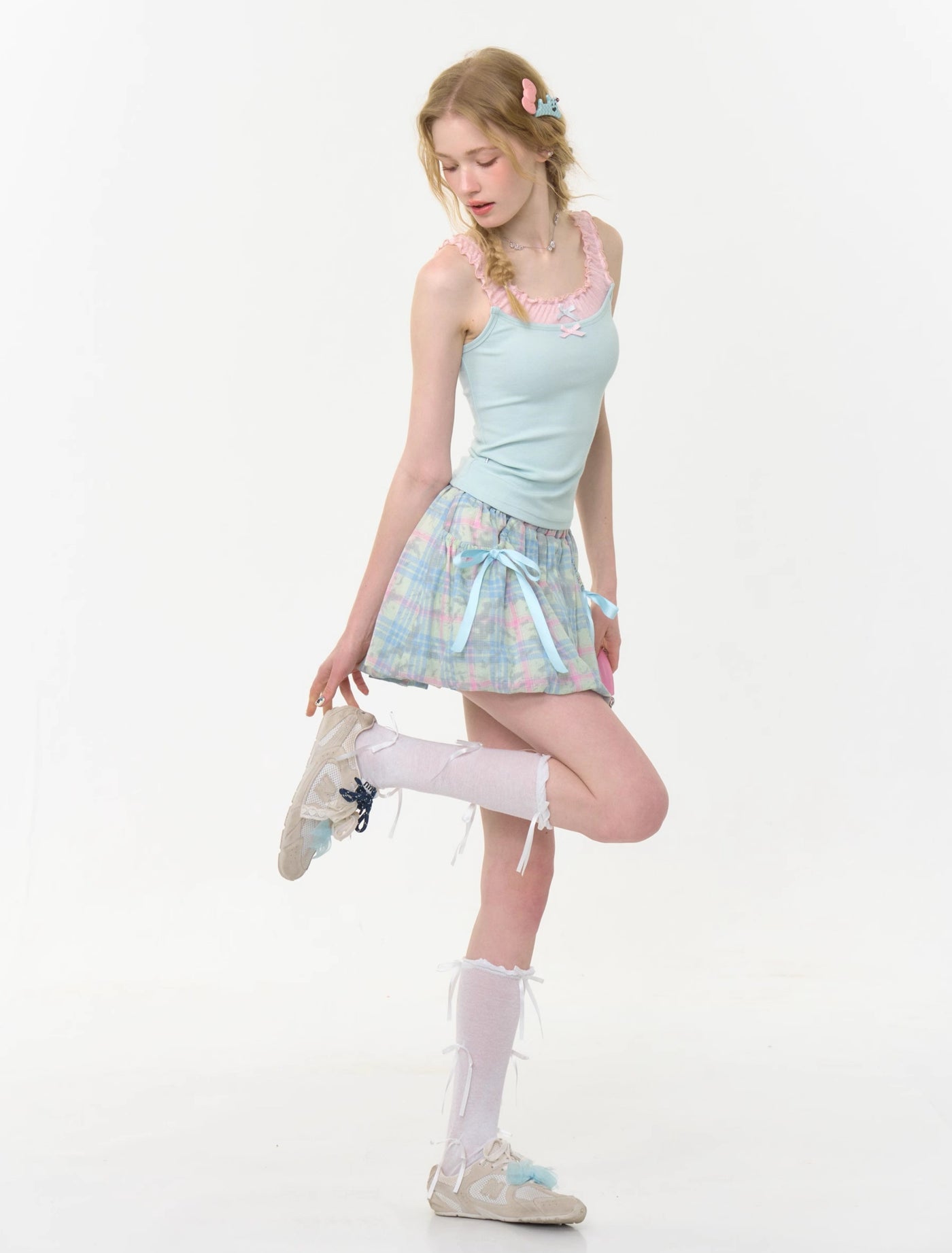 High Waist Blue Bow Plaid Skirt ZIZ0277