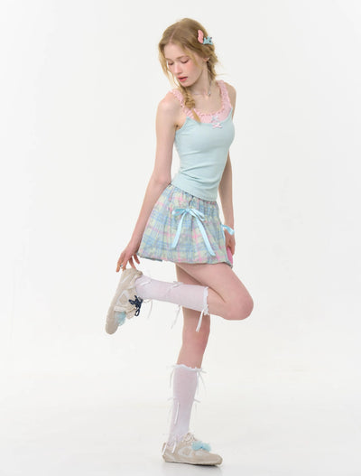 High Waist Blue Bow Plaid Skirt ZIZ0277