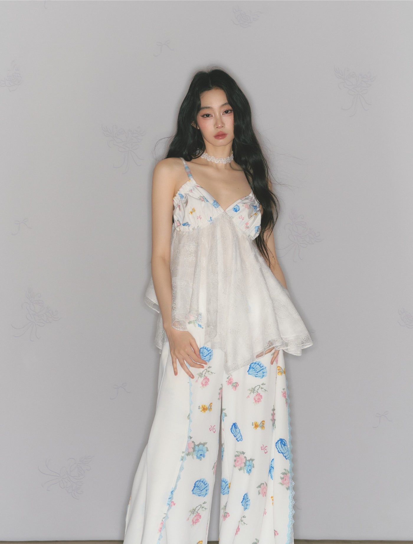 Floral Print Edge Lace Wide-Leg Pants SAL0176