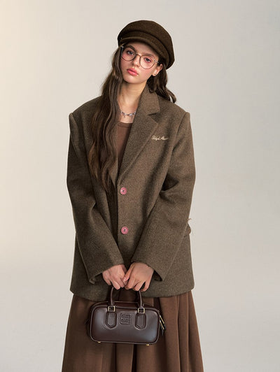 Retro Coffee Color Woolen Suit Jacket QDQ0084