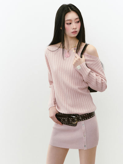 Off Shoulder Button Knitted Dress VIA0267