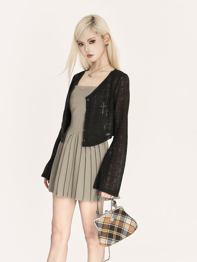 Square Neck Suspenders Pleated Dress VOC0415