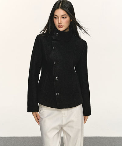 Double-Faced Stand Collar Black Short Coat ANA0076