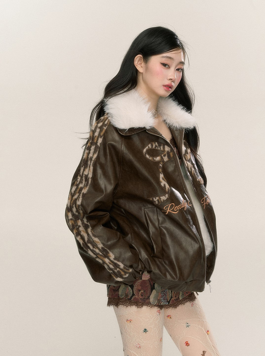 Fur Collar Loose Leopard Print Leather Jacket DIA0223