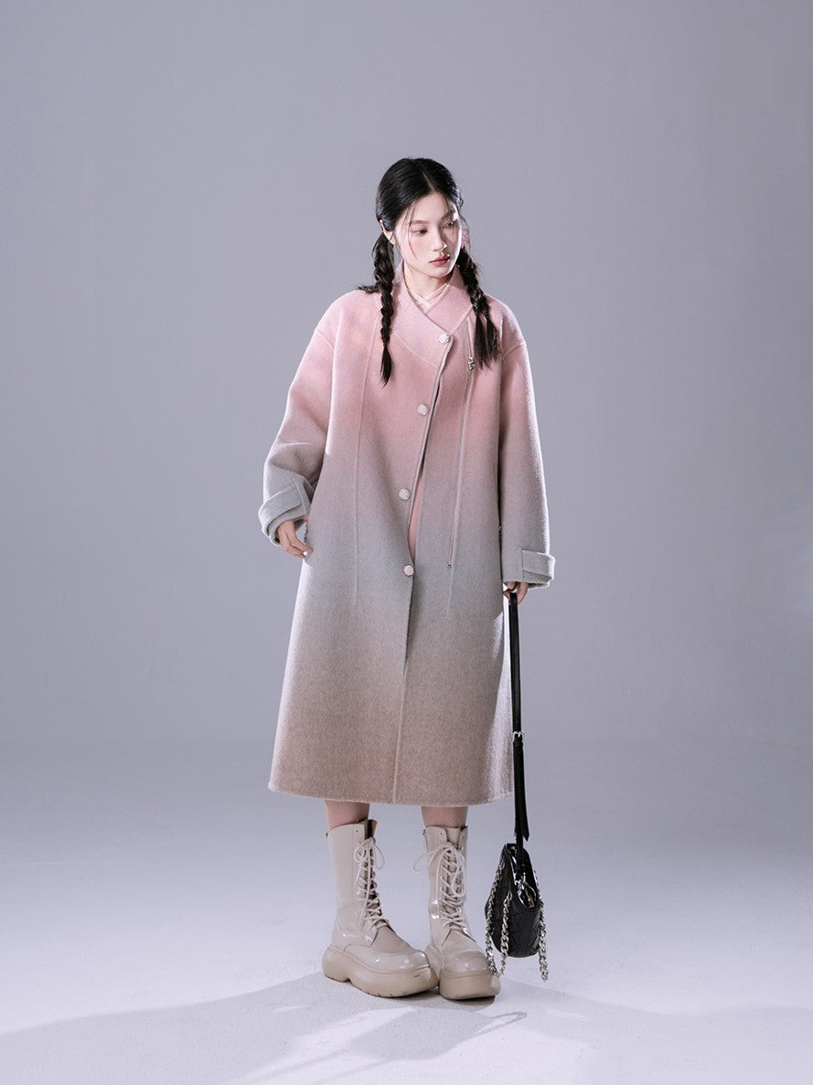 Gradient Powder Pink And Blue Contrast Tencel Double-faced Wool Coat COT0163