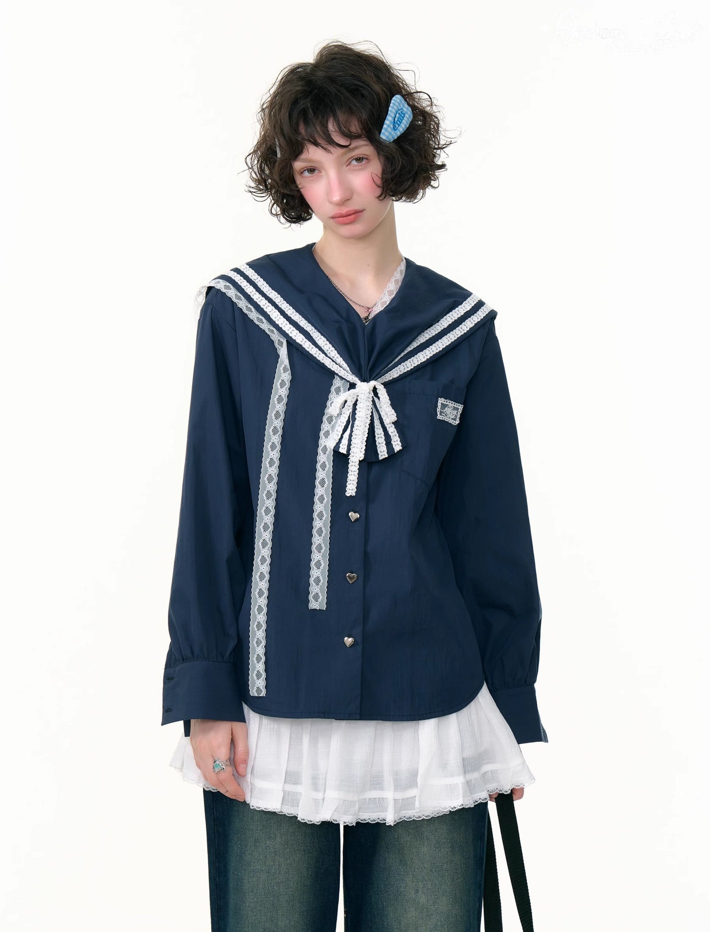 Navy Collar Lace Long-sleeved Shirt ZIZ0299