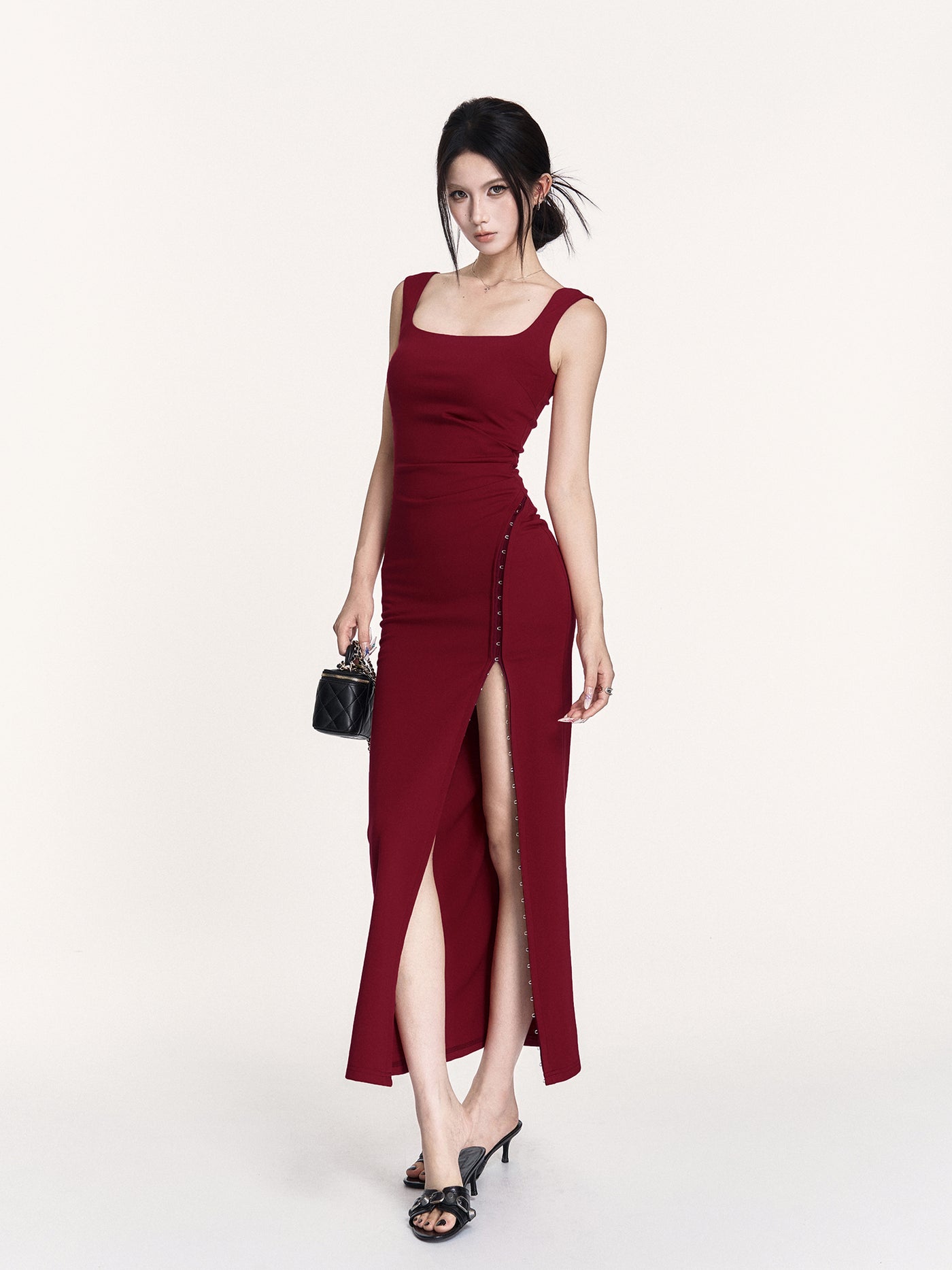 Red Waist Slit Square Collar Dress VOC0428