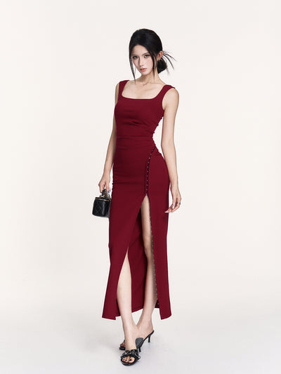 Red Waist Slit Square Collar Dress VOC0428