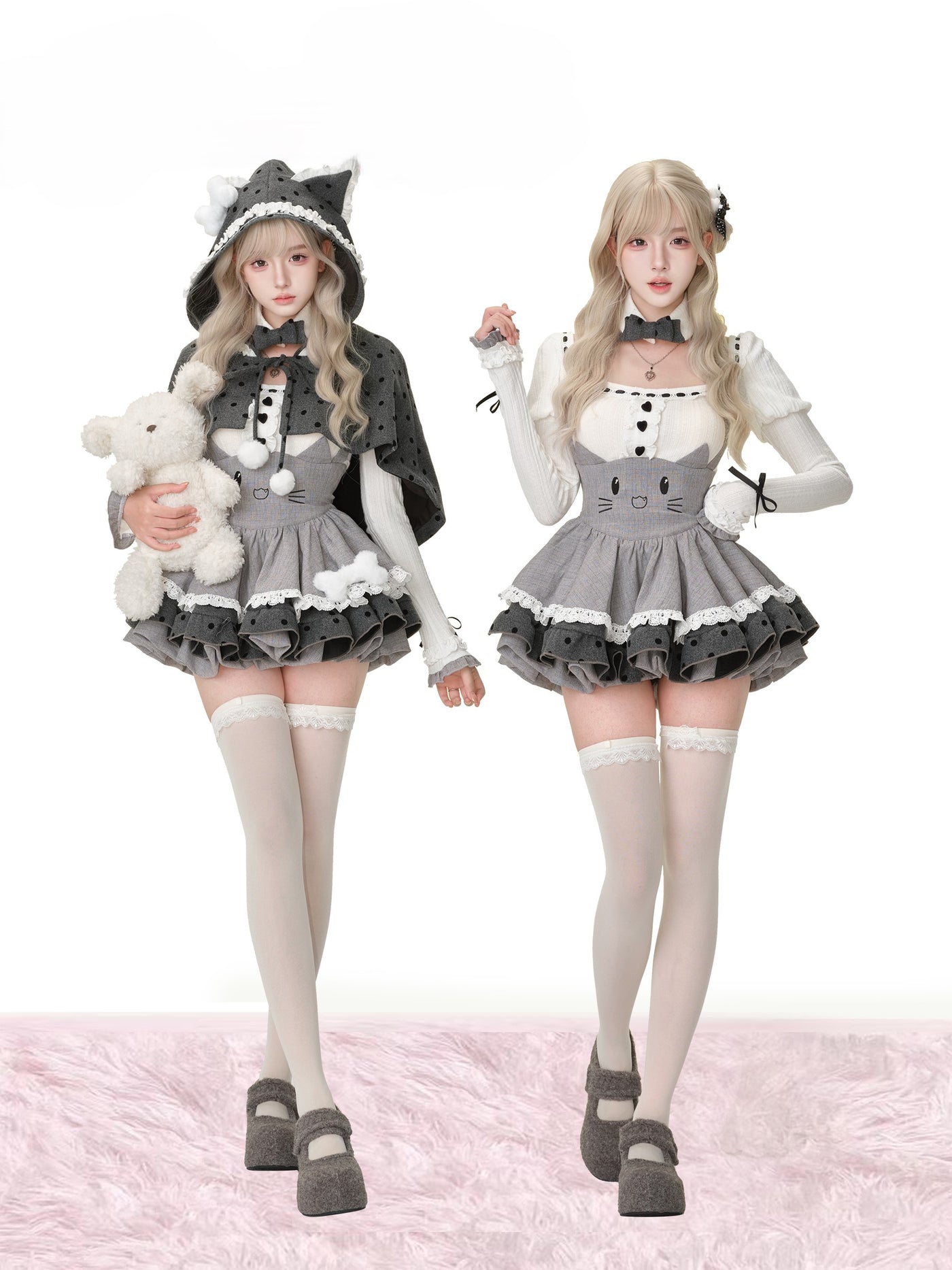 Gray Cat Doll Suspender Skirt/Lace Top/Cape SER0194