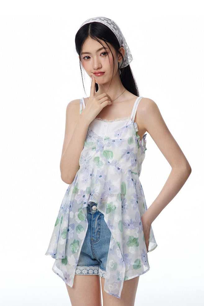 Blue And Green Flower-cut Suspender Bow Top/White Camisole NTO0116