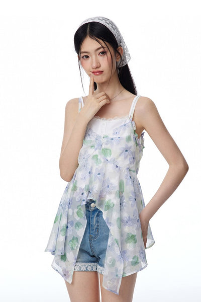 Blue And Green Flower-cut Suspender Bow Top/White Camisole NTO0116