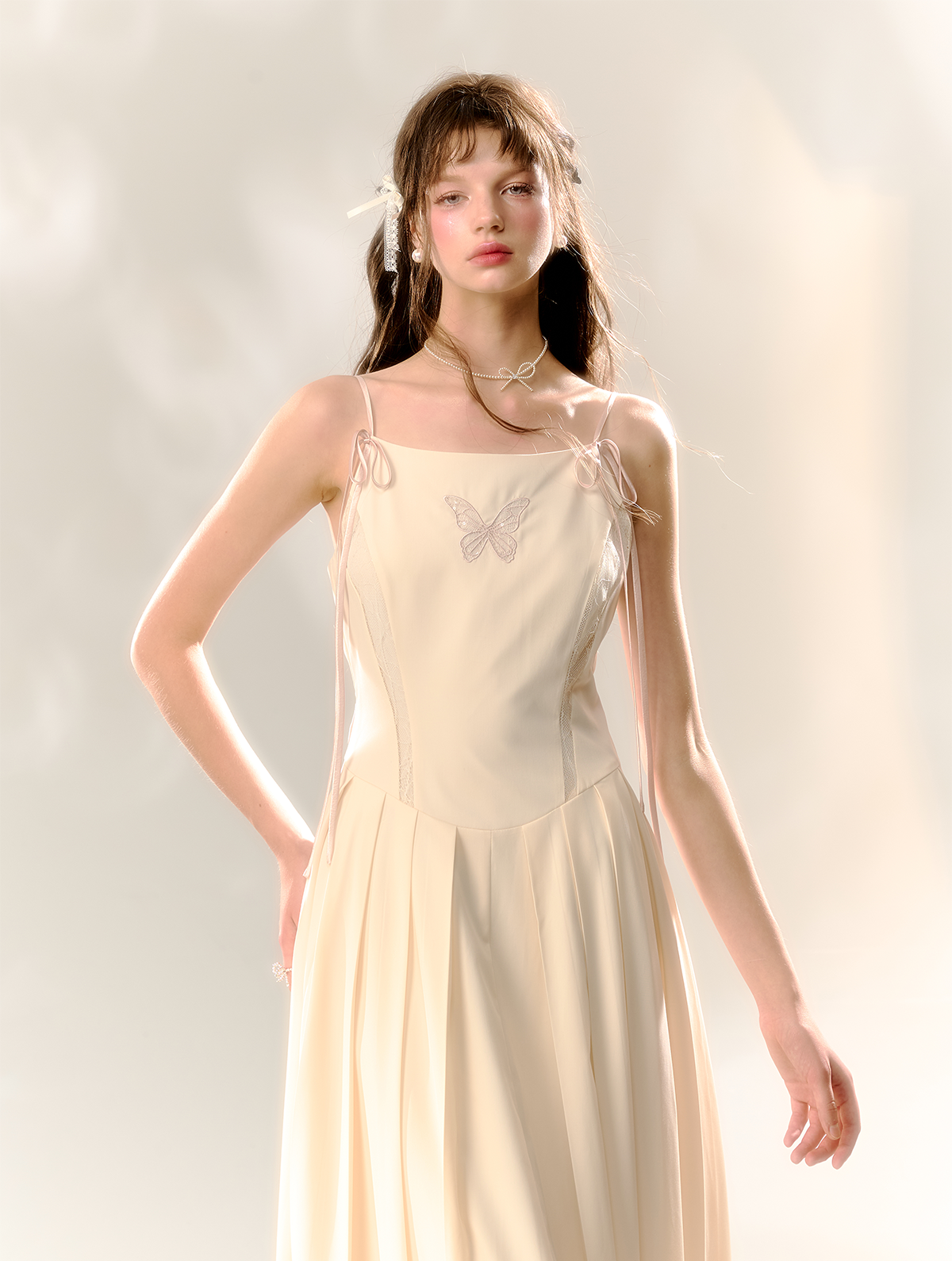 Beige Butterfly Lace Embroidery Suspenders Pleated Dress SUN0069