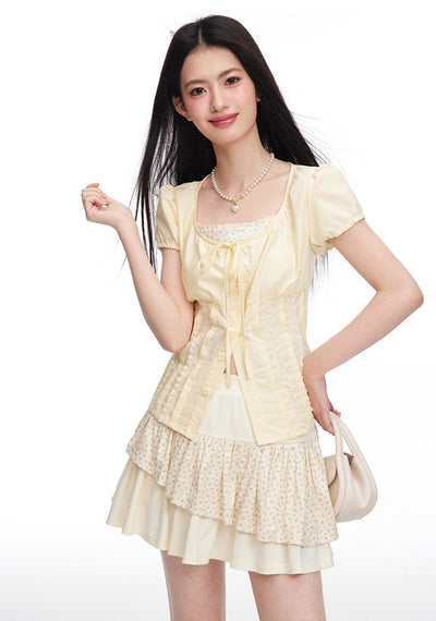 Light Yellow Puff Sleeve Pleated Fake Two-piece Shirt/Cake Skirt NTO0088