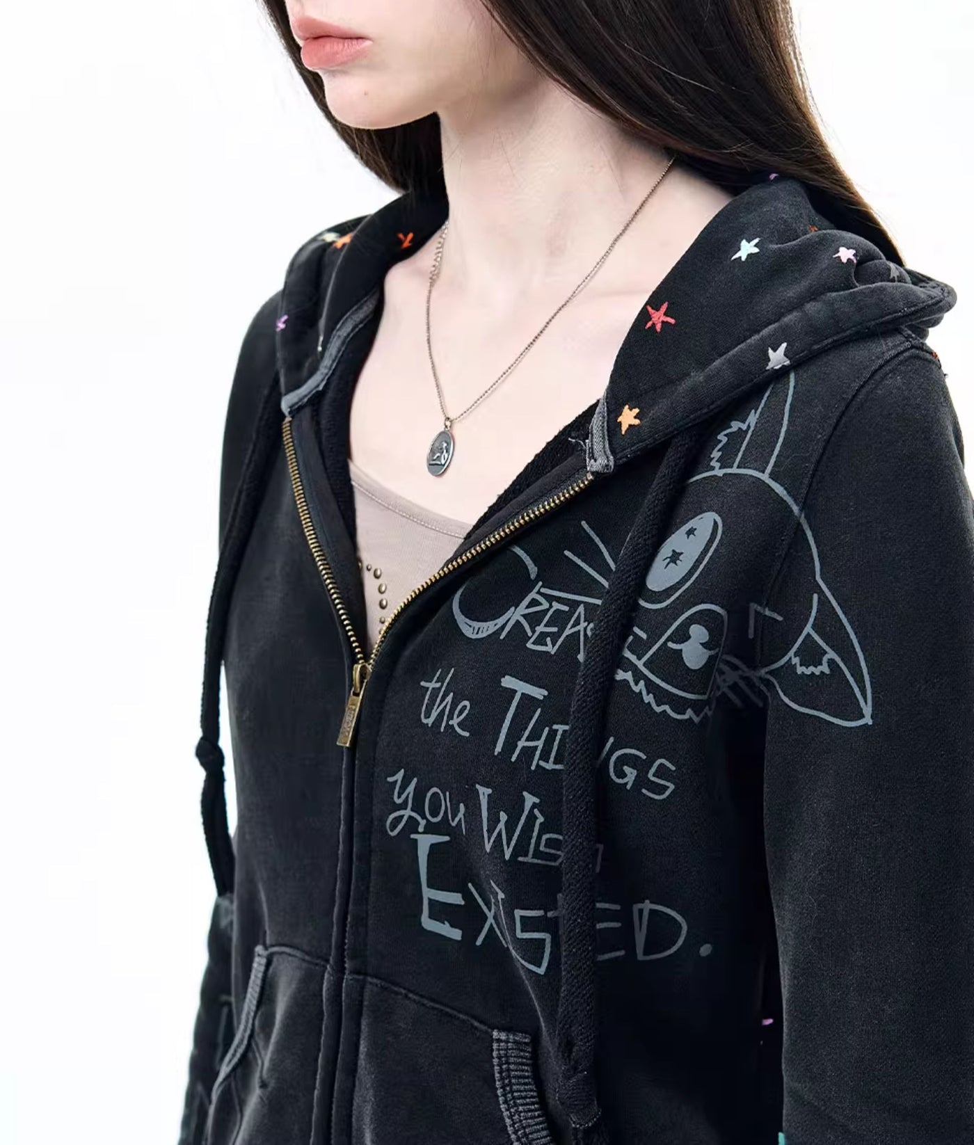 Graffiti Star Print Hooded Jacket NEC0230