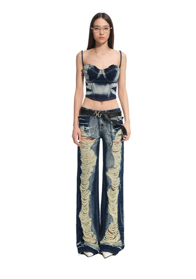 Washed Twill Denim Low-Rise Ripped Jeans NOT0313