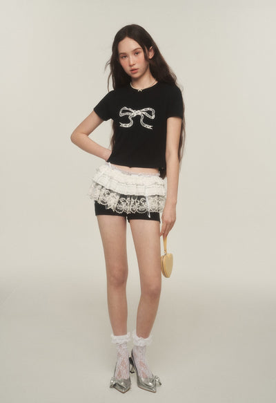 American Retro Slim Lace Bow T-shirt AYF0035