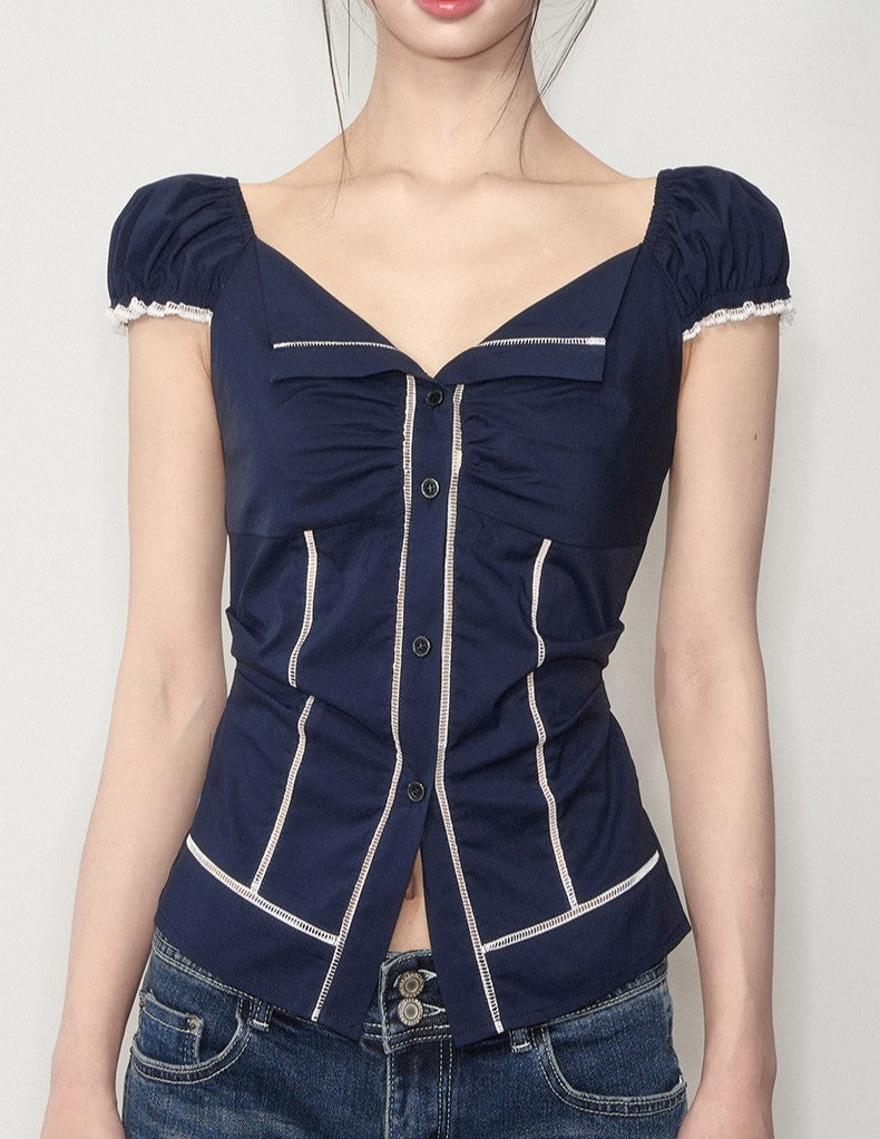Lapel Lace Puff Sleeve Shirt SOO0001
