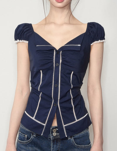 Lapel Lace Puff Sleeve Shirt SOO0001