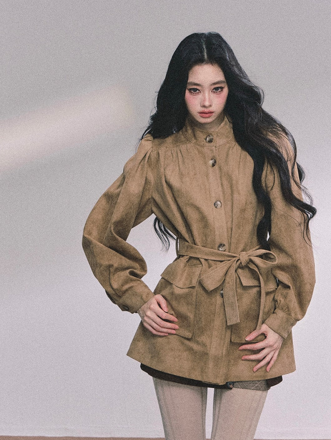Coffee Brown Suede Stand Collar Jacket DIA0609