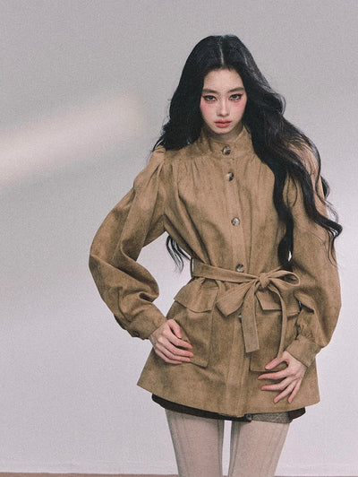 Coffee Brown Suede Stand Collar Jacket DIA0609