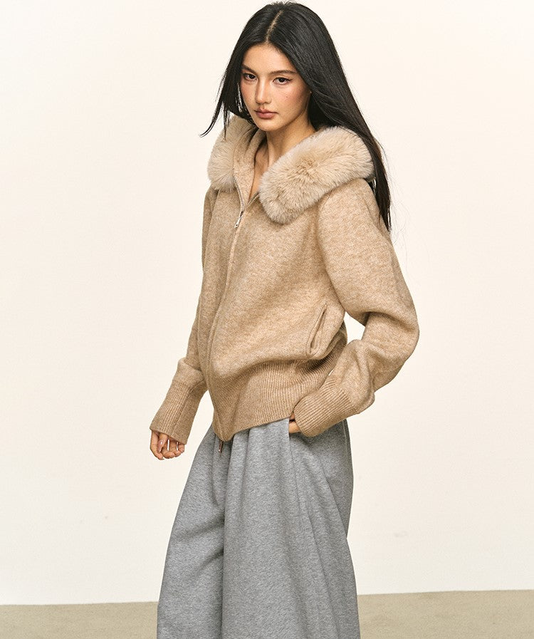 Double Zipper Large Fur Collar Knit Cardigan ANA0094