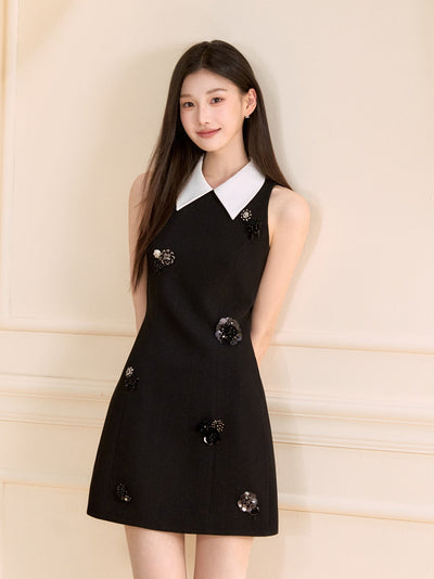 Black Sleeveless Beaded Flower Dress OSH0121