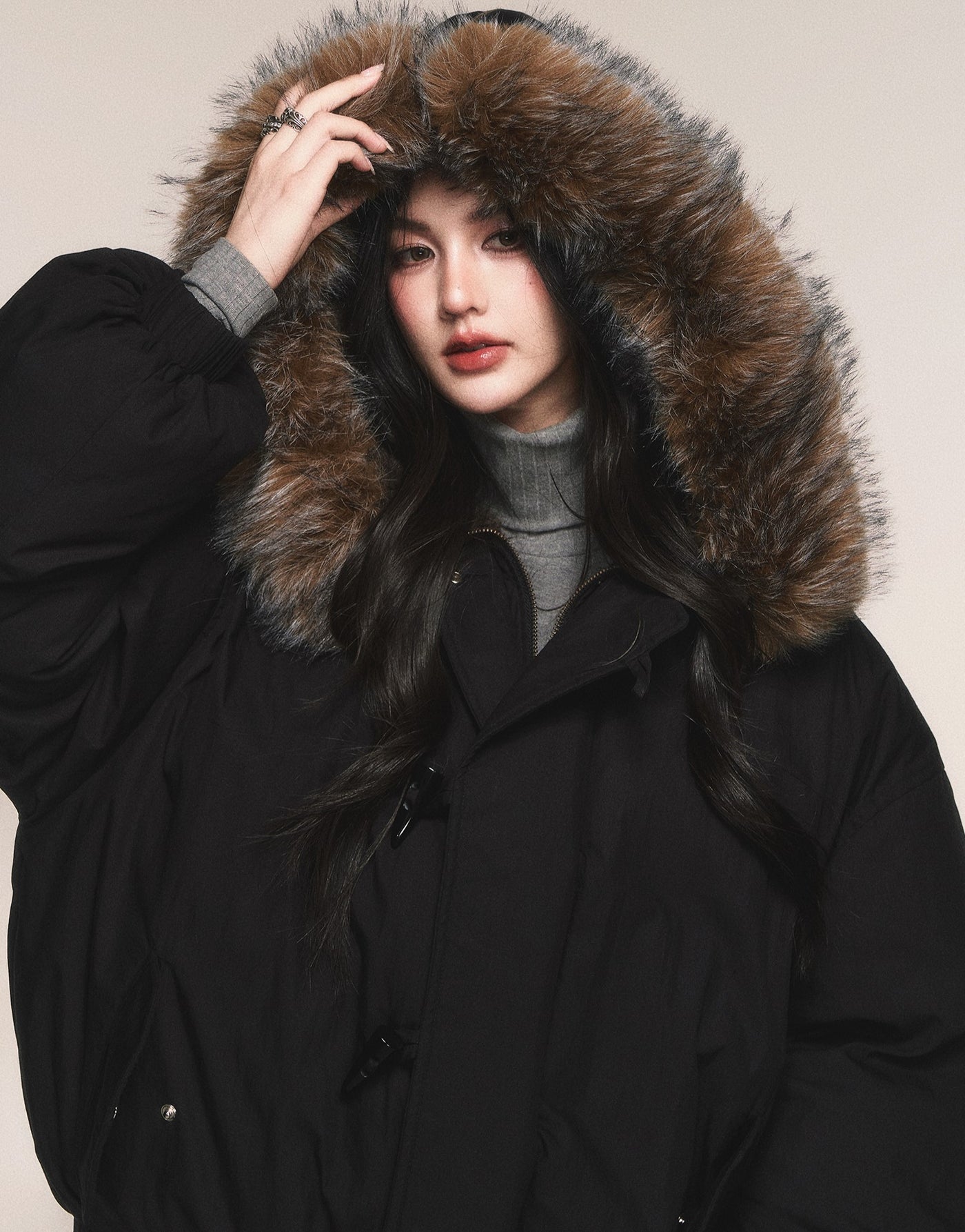 Black Hooded Large Fur Collar Down Jacket LUL0213